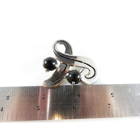 Fetching Modernist Swirling Silver & Onyx Brooch Pendant Taxco TC Conjoined Old - Picture 8 of 8